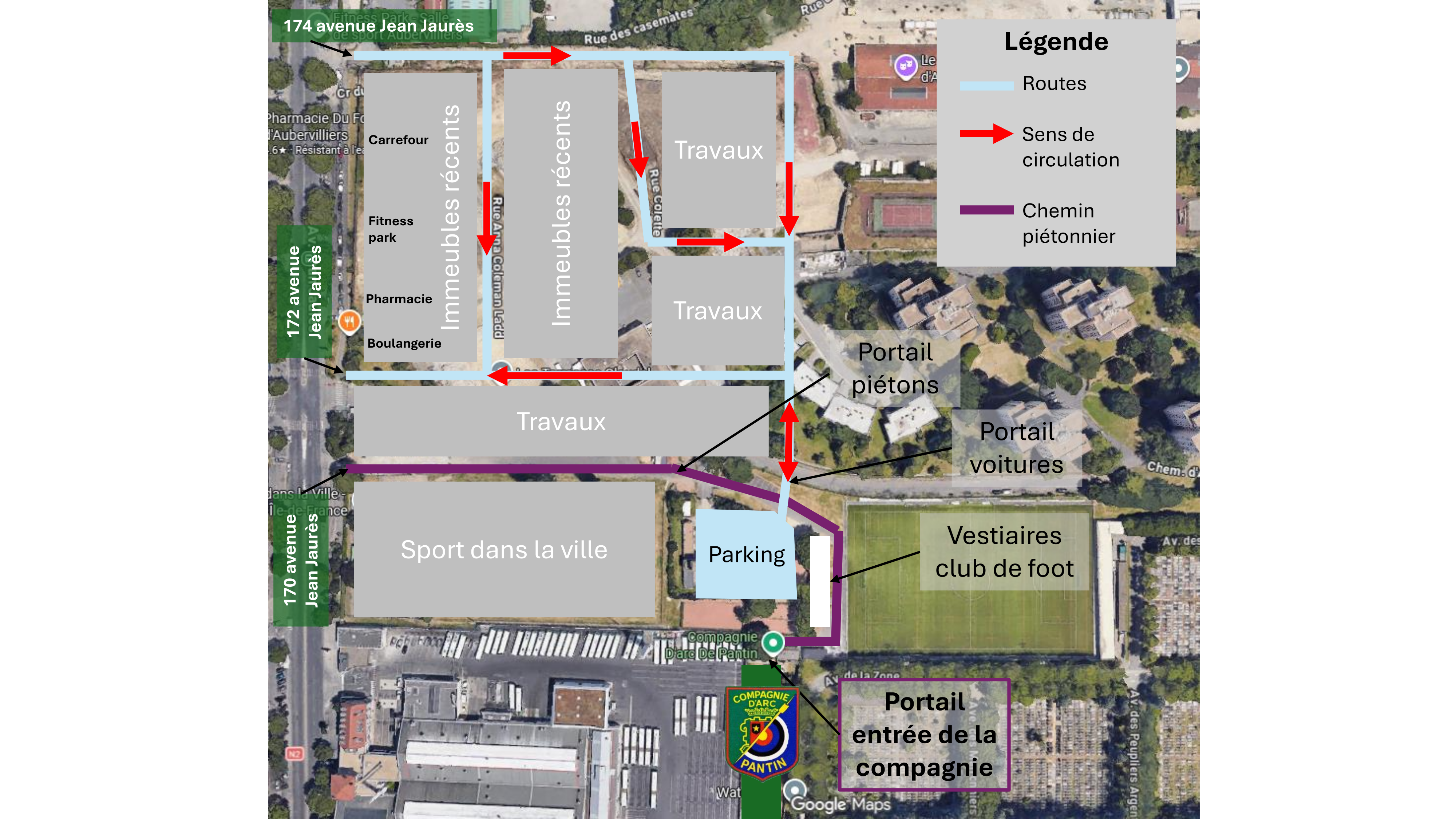 Plan d’accès à la Compagnie d’Arc de Pantin depuis l’avenue Jean Jaurès, avec circulation voiture, chemin piéton, parking et entrée de la Compagnie